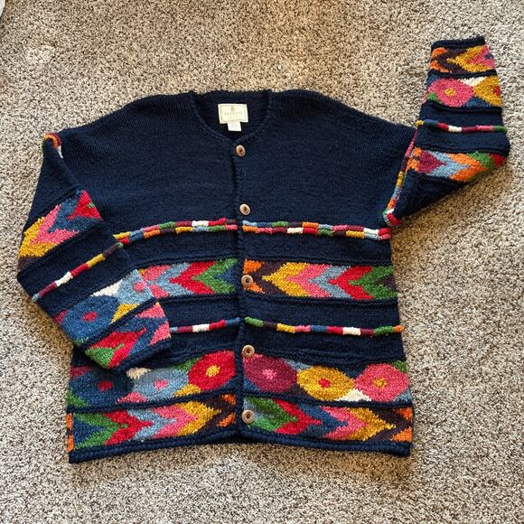 Vtg Express Tricot O/S Sweater Cardigan CHUNKY 100% WOOL Aztec Navy D25 - Picture 1 of 8